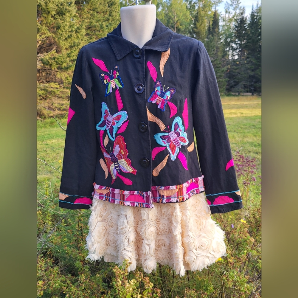 "Butterflies Are Free" Parsley & Sage Black Blazer with Embroidery